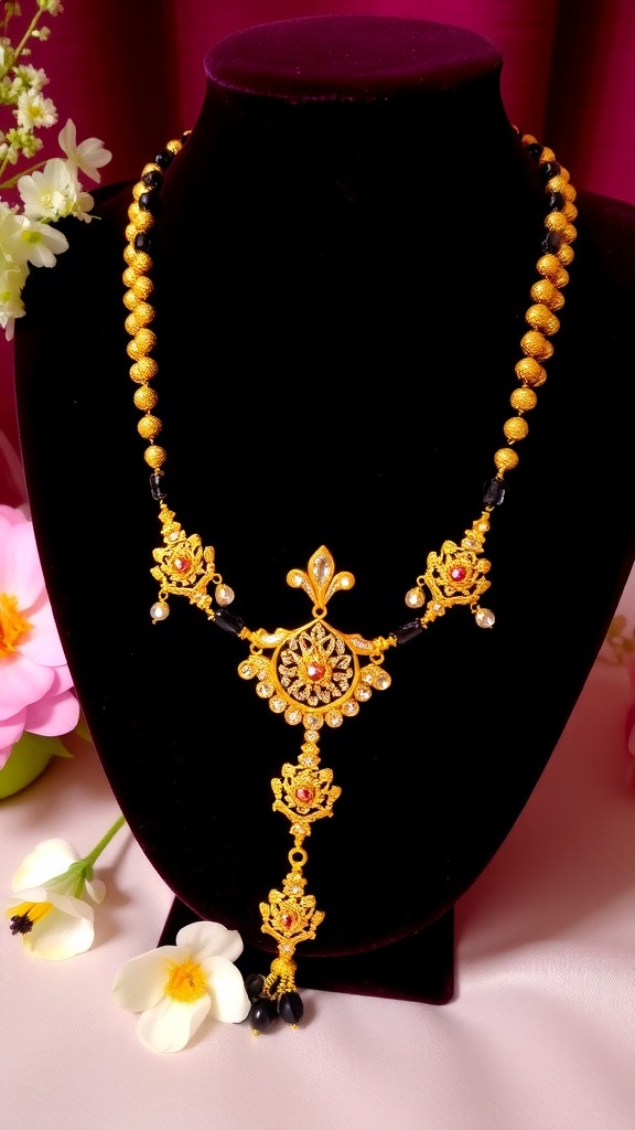 An elegant Kale Mani Mangalsutra with intricate gold design and black beads, displayed on a velvet background.